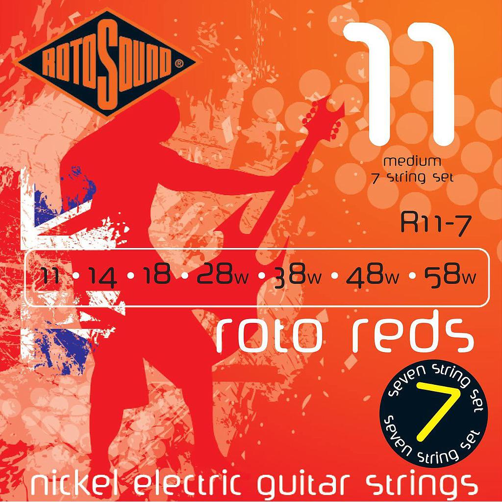 Rotosound - Encordadura 7 Cuerdas Niquel Medium Roto Reds 11-58 para Guitarra Electrica Mod.R11-7