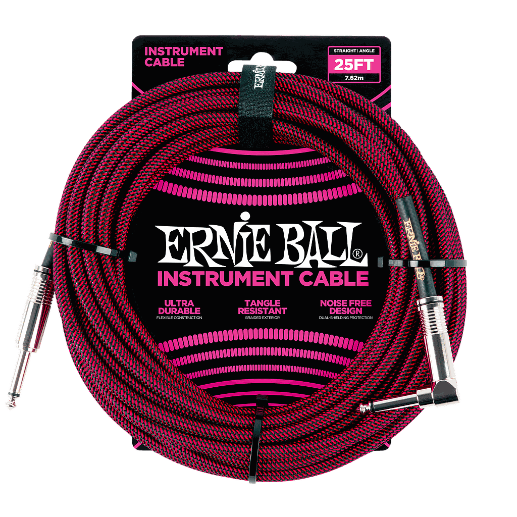 Ernie Ball - Cable Recubierto para Instrumento de 7.62 mts., Color: Negro/Rojo Ang./ Rec. Mod.6062