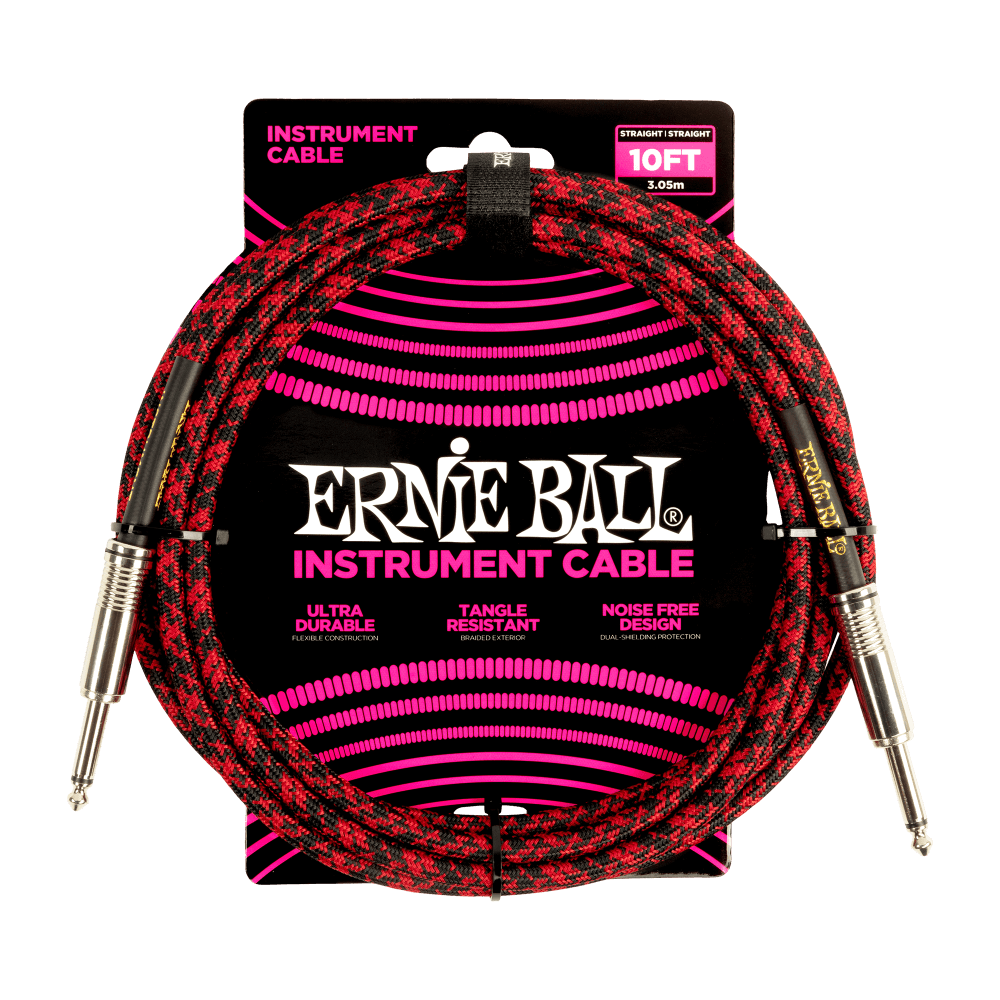 Ernie Ball - Cable de Audio Recto/Recto, Tamaño: 3.048 Mts., Color: Rojo/Negro Mod.6394